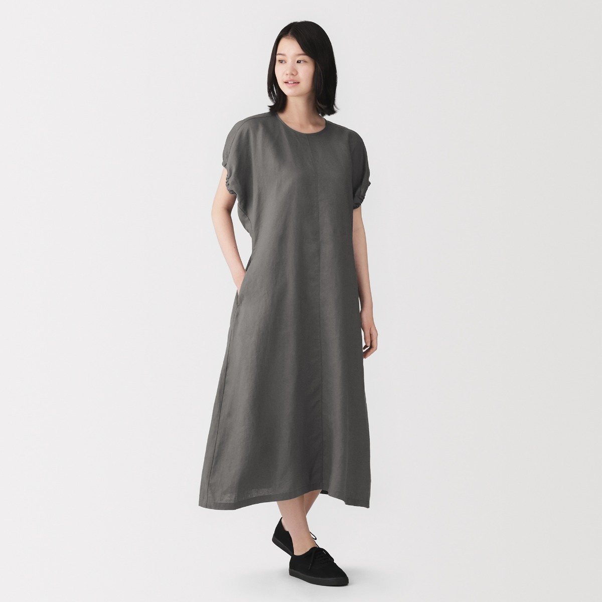 MUJI Đầm Nữ Vải Washed Linen Tay Ngắn