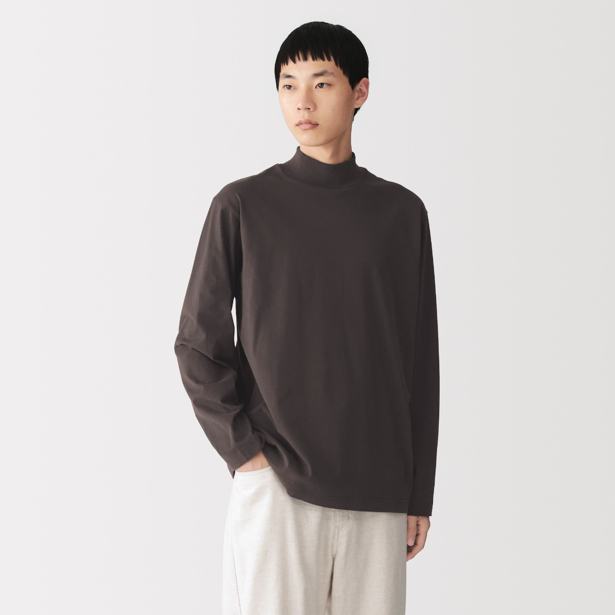 MUJI Áo Thun Nam Vải Brushed Jersey Cổ Cao Tay Dài