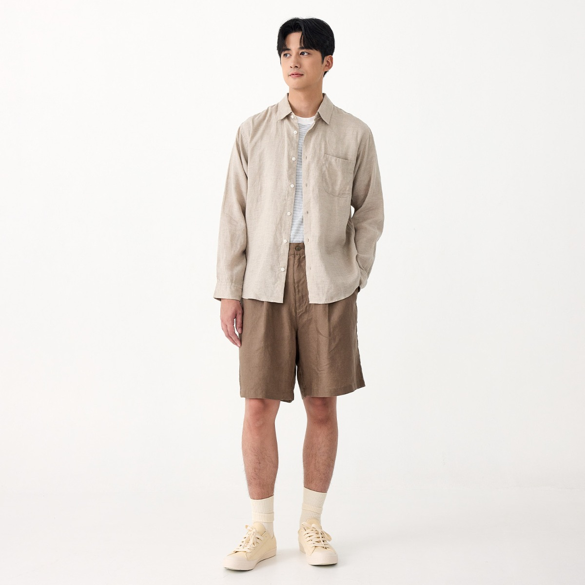 MUJI Áo Sơ Mi Nam Vải Linen Washed Tay Dài