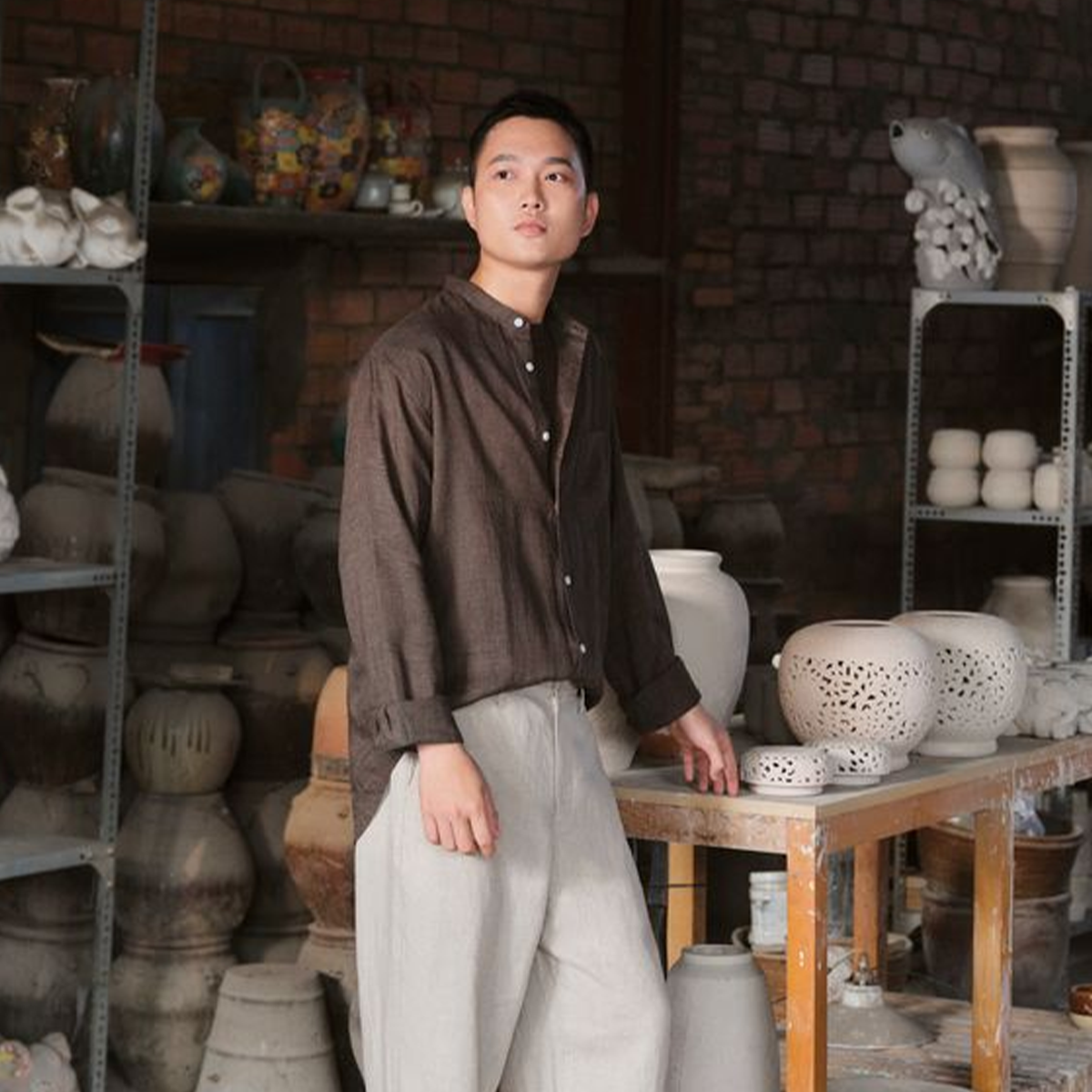 MUJI M'S Washed Linen Stand Collar L/Slv Shirt