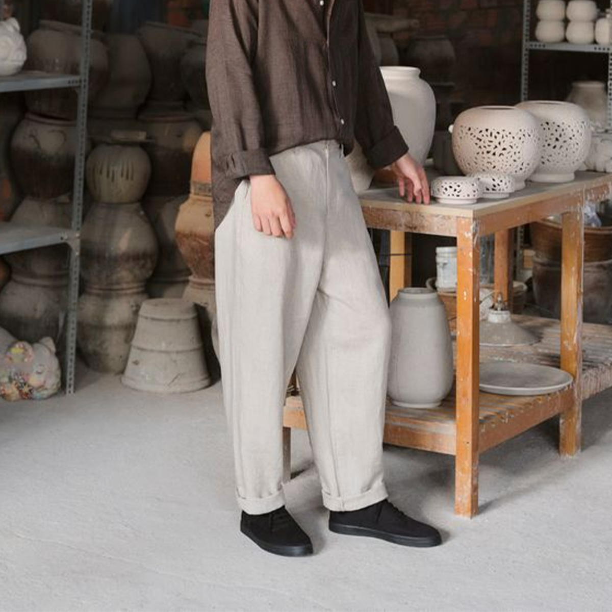 MUJI M'S Washed Linen Tapered Pants