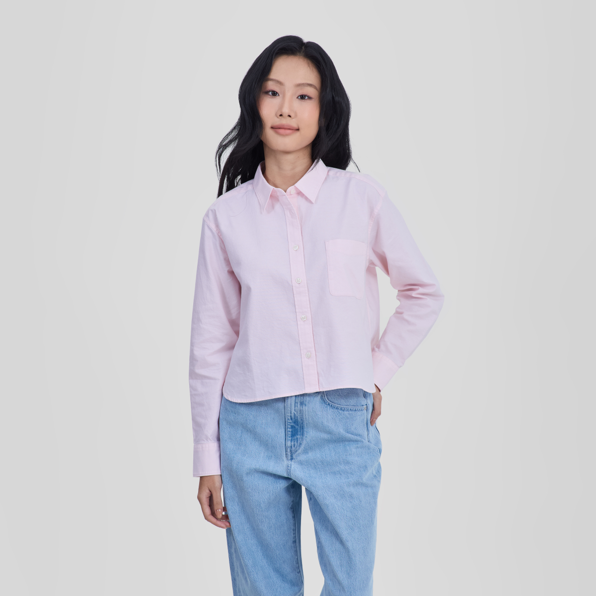 MUJI Áo Sơ Mi Oxford Nữ Tay Dài Dáng Ngắn (trơn)