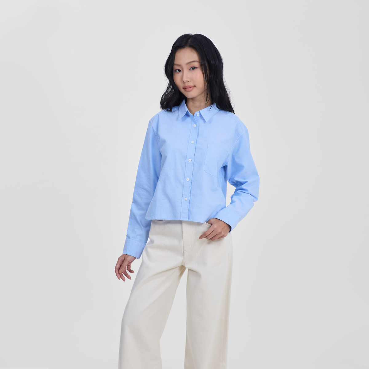 MUJI Áo Sơ Mi Oxford Nữ Tay Dài Dáng Ngắn (sọc)