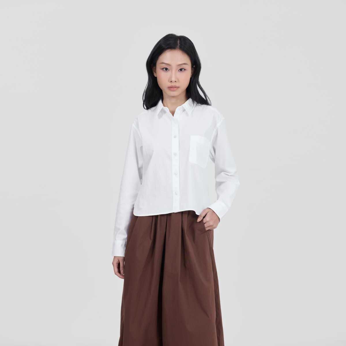 MUJI Áo Sơ Mi Nữ Vải Broad Dáng Ngắn Tay Dài (trơn)