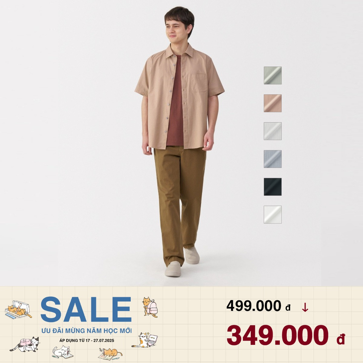MUJI Áo Sơ Mi Nam Vải Broadcloth Dáng Rộng Tay Ngắn