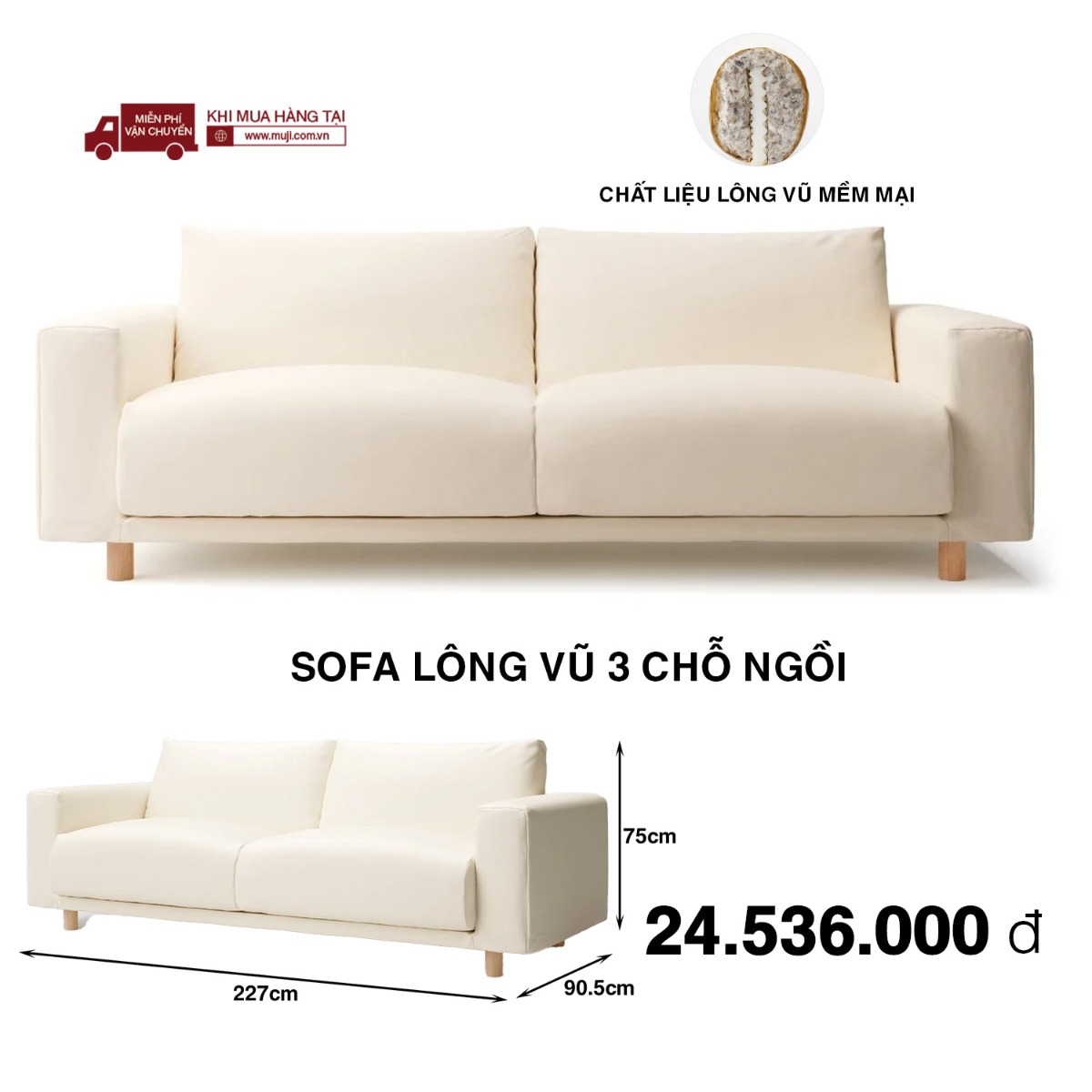 MUJI Sofa Lông Vũ 3 Chỗ Ngồi