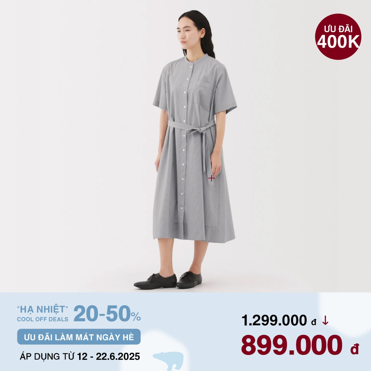 MUJI Đầm Sơ Mi Tay Ngắn Vải Cool Touch