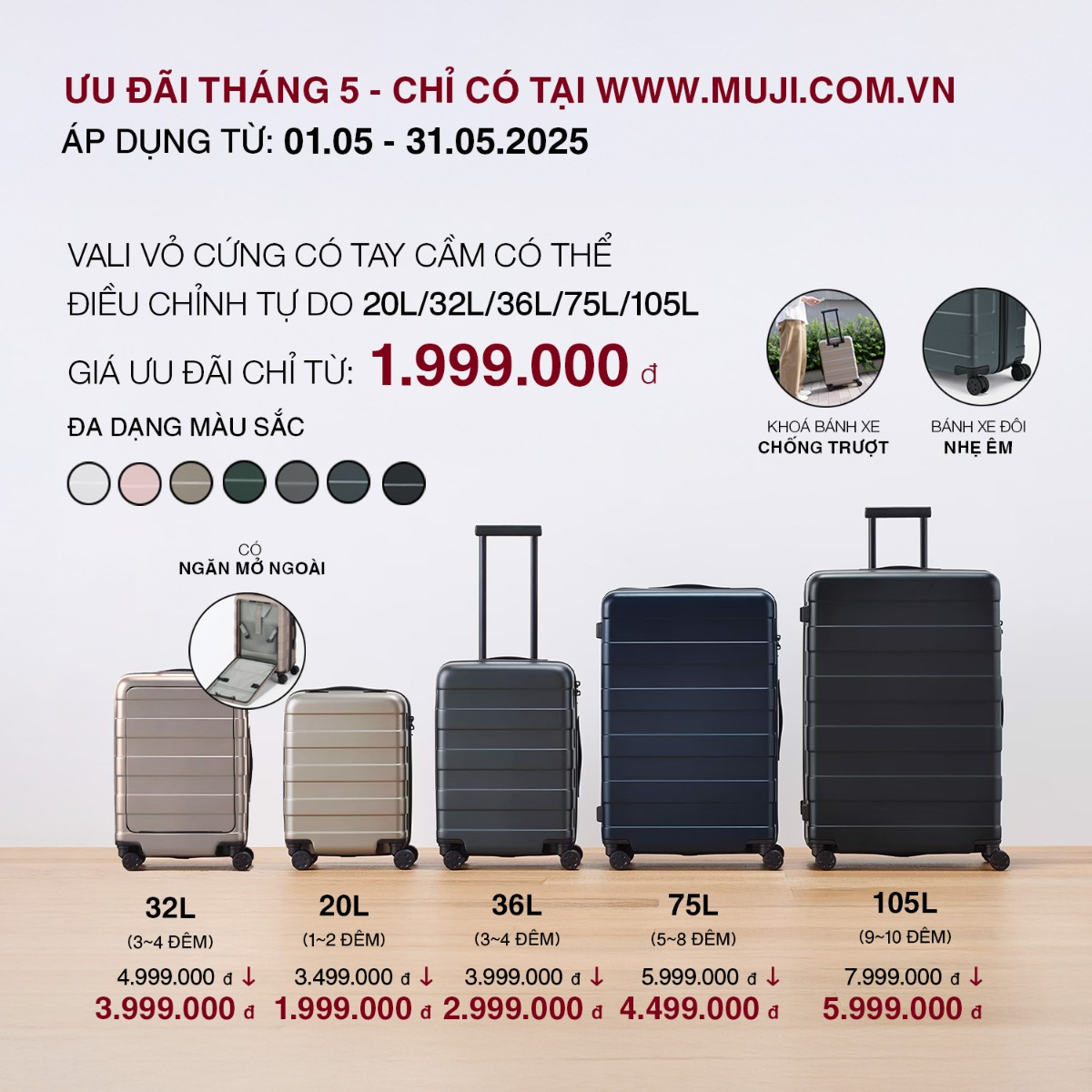 Vali Vỏ Cứng Có Tay Cầm Có Thể Điều Chỉnh Tự Do (32L) MUJI