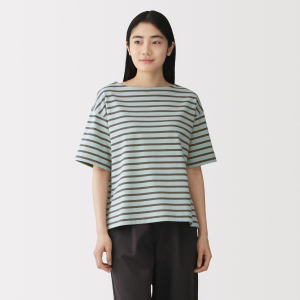 MUJI Áo Thun Tay Ngắn Cổ Thuyền Chất Jersey Hai Lớp