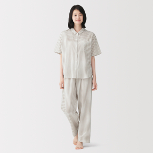 MUJI Bộ Đồ Ngủ Tay Ngắn Cotton Dobby Check - Nữ