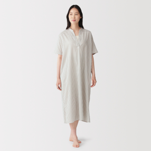 MUJI Đầm Tay Ngắn Cotton Dobby Check - Nữ