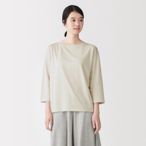 MUJI Áo Thun Nữ Vải Jersey Cổ Thuyền Tay 3/4