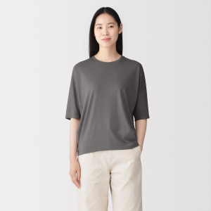 MUJI Áo Nữ Vải Lyocell Pha Cổ Tròn Tay Lửng