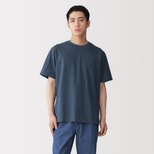 MUJI Áo Thun Nam Vải Jersey Kẻ Sọc Cổ Tròn Tay Ngắn