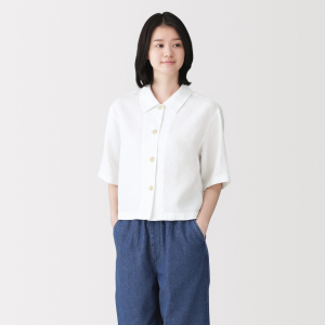MUJI Áo Sơ Mi Nữ Vải Washed Linen Tay Ngắn