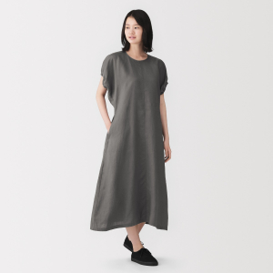 MUJI Đầm Nữ Vải Washed Linen Tay Ngắn