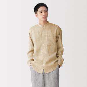 MUJI Áo Sơ Mi Nam Vải Washed Linen Cổ Trụ Tay Dài