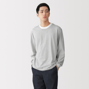 MUJI Áo Thun Nam Vải Jersey Kẻ Sọc Cổ Tròn Tay Dài