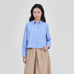 MUJI Áo Sơ Mi Nữ Vải Broad Dáng Ngắn Tay Dài (sọc)